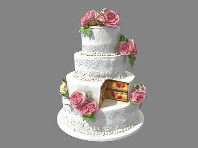 Three Tiered White Cake Decorated With Pink Roses And Sliced Section Showing Layers And Cream 3d model
