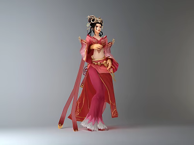 Elegant Ancient Fairy Character In Pink Traditional Robe With Phoenix Ornament And Flowing Ribbons 3d model