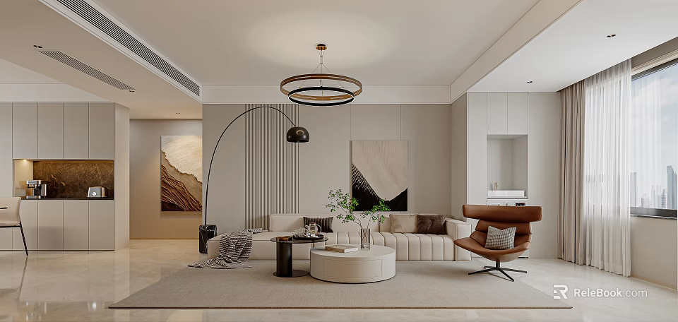 Modern Living And Dining Room Interior With Beige Sofa Round Coffee Table Floor Lamp And Chandelier 3d model 