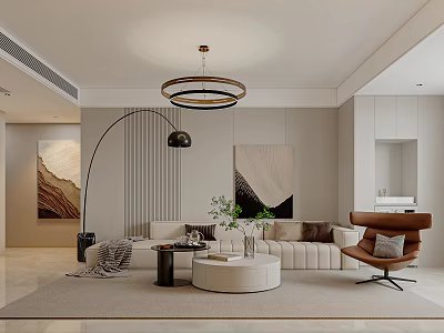 Modern Living And Dining Room Interior With Beige Sofa Round Coffee Table Floor Lamp And Chandelier 3d model