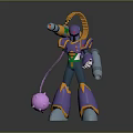 Purple Armored Robot Character Holding Blaster With Orange Cables And Glowing Pink Sphere Creature