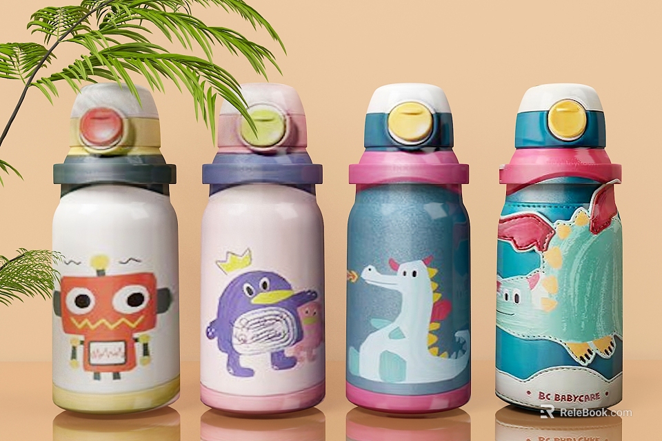Colorful Insulated Cups With Cartoon Robot Penguin Dinosaur Cactus Designs For Kids 3d model 