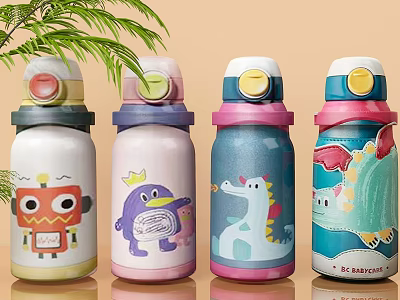 Colorful Insulated Cups With Cartoon Robot Penguin Dinosaur Cactus Designs For Kids 3d model