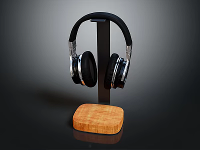 Black Computer Headphones With Wooden Base Stand For PC Accessories 3d model