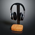 Black Computer Headphones With Wooden Base Stand For PC Accessories