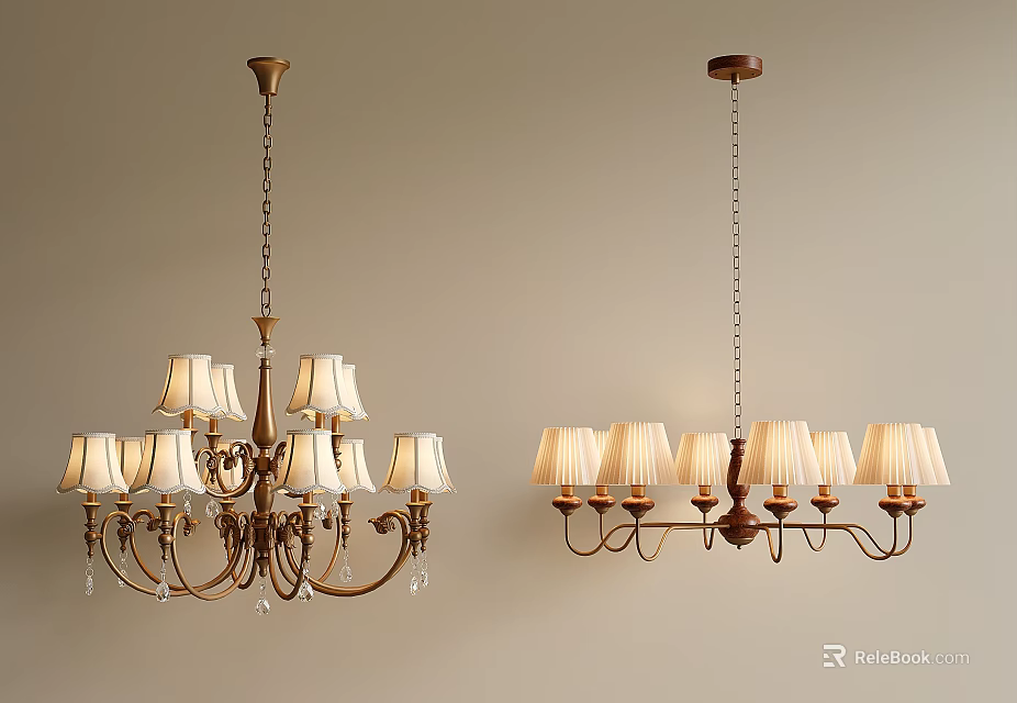 Elegant Classic Multi Fabric Shade Chandeliers with Metal Frame and Crystal Pendants 3d model 