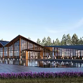 Modern Wooden Visitor Center With Glass Windows Trees And Visitors On Front Terrace