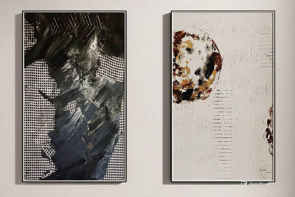 Two Abstract Art Paintings With Textured Surfaces Hanging On Wall 3d model 