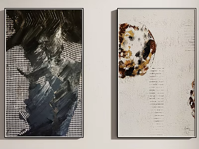Two Abstract Art Paintings With Textured Surfaces Hanging On Wall 3d model