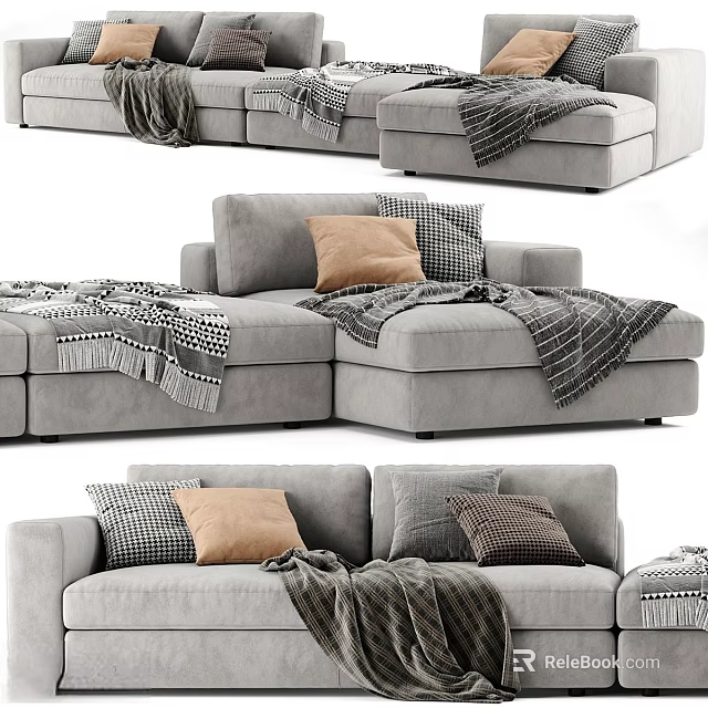 Modern Gray Sectional Sofa Set With Cozy Pillows And Knitted Throws 3d model 