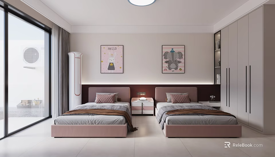 Bright Modern Bedroom Interior With Twin Beds Pink Headboards Nightstands And Wall Art 3d model 