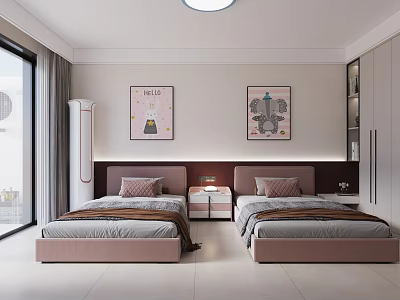 Bright Modern Bedroom Interior With Twin Beds Pink Headboards Nightstands And Wall Art 3d model