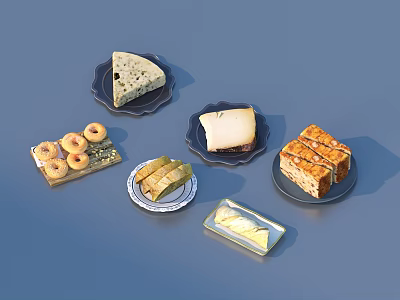 Assorted Food Including Cheese Slices Donuts Bread And Pastries On Decorative Plates Against Blue Background 3d model