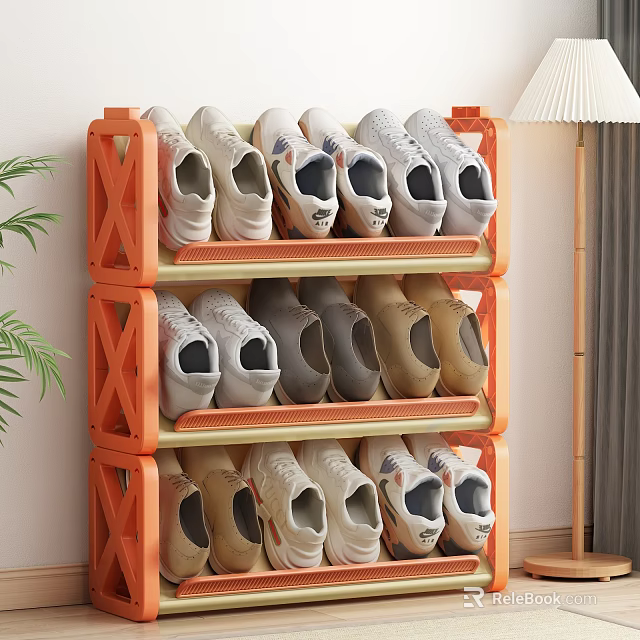 Orange Three Tier Shoe Rack With Neatly Arranged Shoes In Indoor Entryway 3d model 