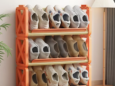 Orange Three Tier Shoe Rack With Neatly Arranged Shoes In Indoor Entryway 3d model