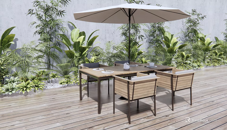 Outdoor Wooden Deck Dining Set With Wooden Table Woven Chairs Green Plants And Large Umbrella 3d model 