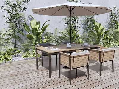 Outdoor Wooden Deck Dining Set With Wooden Table Woven Chairs Green Plants And Large Umbrella 3d model