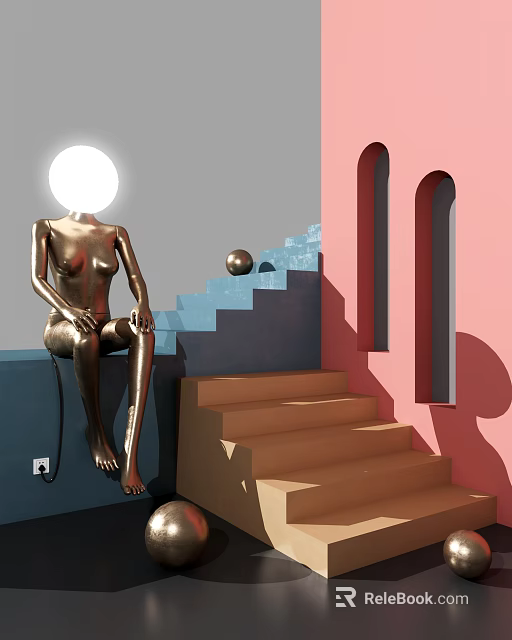 Abstract Shaped Floor Lamp in Modern Interior With Sculpture Stairs And Arch Windows 3d model 