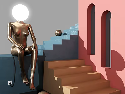 Abstract Shaped Floor Lamp in Modern Interior With Sculpture Stairs And Arch Windows 3d model
