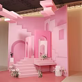 Pink Themed Live Stream Room With Stage Steps Arched Doorways And Flowers