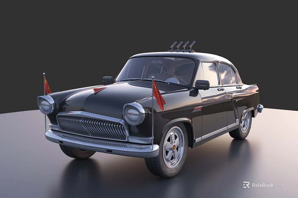 Black Vintage Classic Car With Red Flags And Roof Antenna Details 3d model 