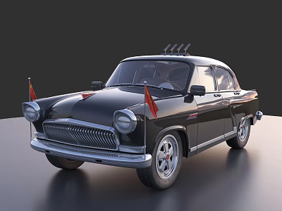 Black Vintage Classic Car With Red Flags And Roof Antenna Details 3d model