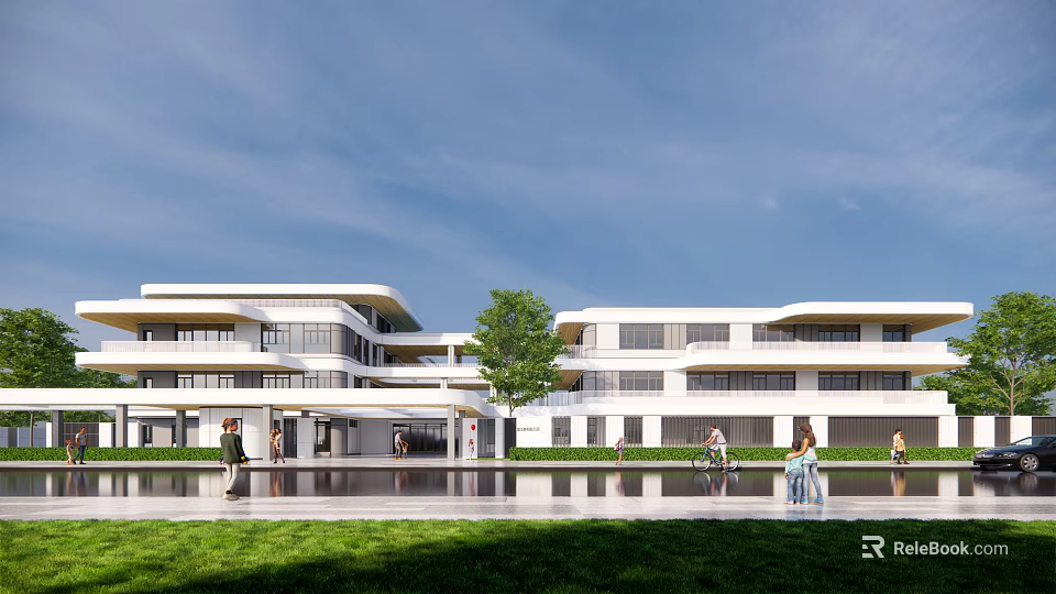 Modern Multi Story White Exterior School Building With Water Pool Lawn And People Walking 3d model 