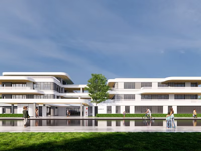 Modern Multi Story White Exterior School Building With Water Pool Lawn And People Walking 3d model
