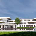 Modern Multi Story White Exterior School Building With Water Pool Lawn And People Walking