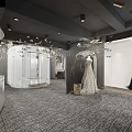 Bridal Shop Interior Featuring Circular Display With White Wedding Dresses Transparent Partitions And Chandeliers