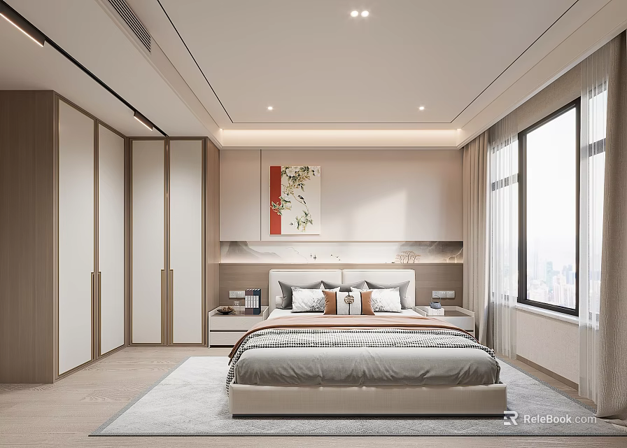 Elegant Modern Bedroom Interior With Large Window Built in Wardrobe And Decorative Artwork 3d model 