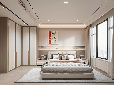 Elegant Modern Bedroom Interior With Large Window Built in Wardrobe And Decorative Artwork 3d model