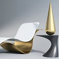 Sleek Modern White And Gold Lounge Chair With Curved Design And Gold Cone Decor