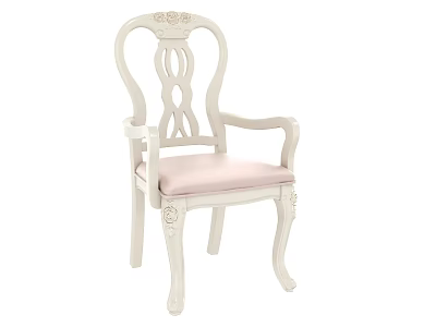 Elegant White Dining Chair With Carved Back Armrest And Pink Cushioned Seat 3d model