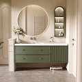 Modern Bathroom Interior With Round Mirror Green Vanity White Countertop And Niche Shelf