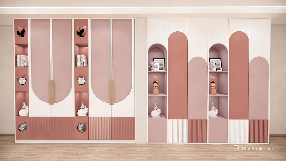 Stylish Pink And White Wardrobe With Curved Arched Design Storage Shelves Decorative Figurines And Clock 3d model 