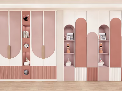 Stylish Pink And White Wardrobe With Curved Arched Design Storage Shelves Decorative Figurines And Clock 3d model