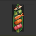 Assorted Fresh Sushi with Tuna Salmon Avocado on Black Slate Plate with Green Leaf
