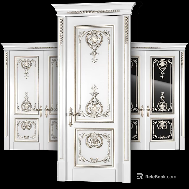 European Style White Hinged Door With Ornate Carvings And Gold Accents 3d model 
