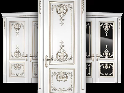 European Style White Hinged Door With Ornate Carvings And Gold Accents 3d model