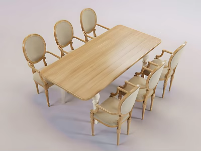 Modern Wooden Dining Table Set With Six Light Upholstered Chairs And Wooden Legs 3d model