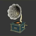 Vintage Phonograph With Blue Base Black Record And Ornate Horn Design
