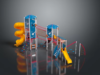 Playground Building Components Including Yellow Slides Blue Towers And Climbing Nets 3d model