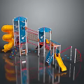 Playground Building Components Including Yellow Slides Blue Towers And Climbing Nets