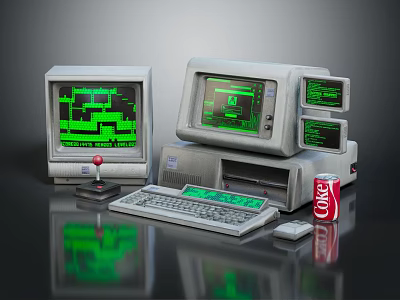 Vintage Electronic Devices With Retro Computers Monitors Keyboards And Peripherals 3d model
