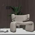 Modern Beige Single Sofa With Floor Lamp Green Plant Wooden Wall And Side Table
