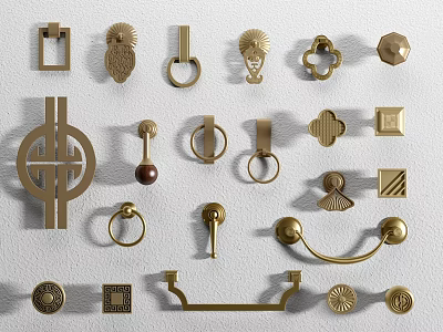Various Brass Furniture Handles With Different Decorative Designs For Cabinets And Drawers 3d model