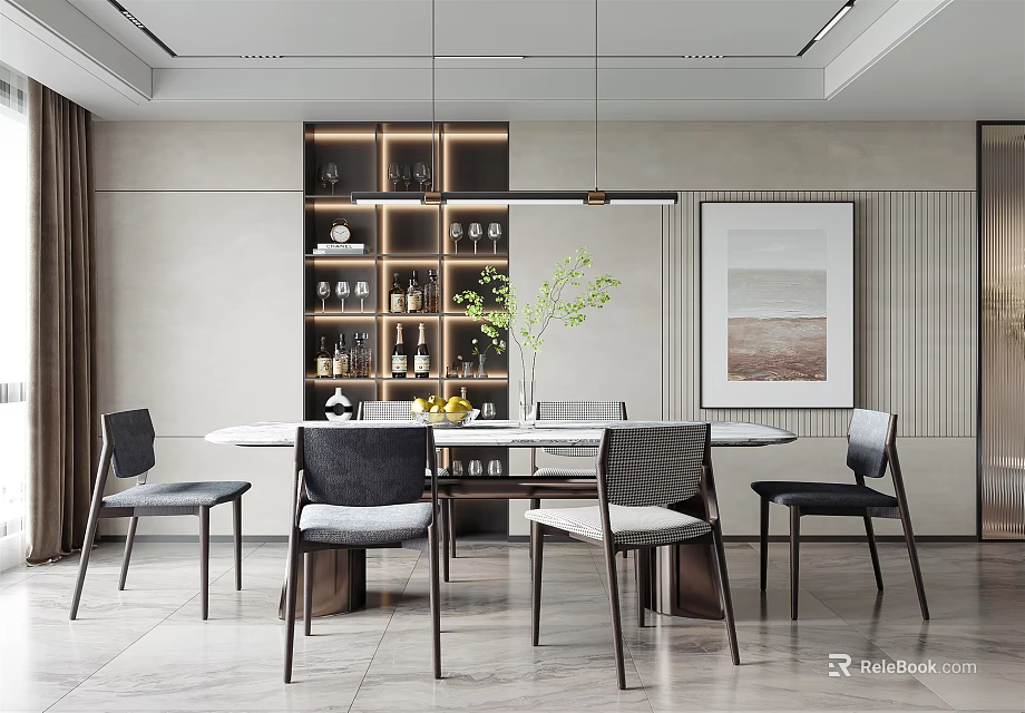 Modern Restaurant Interior With Open Layout Dining Table Chairs And Pendant Lights 3d model 