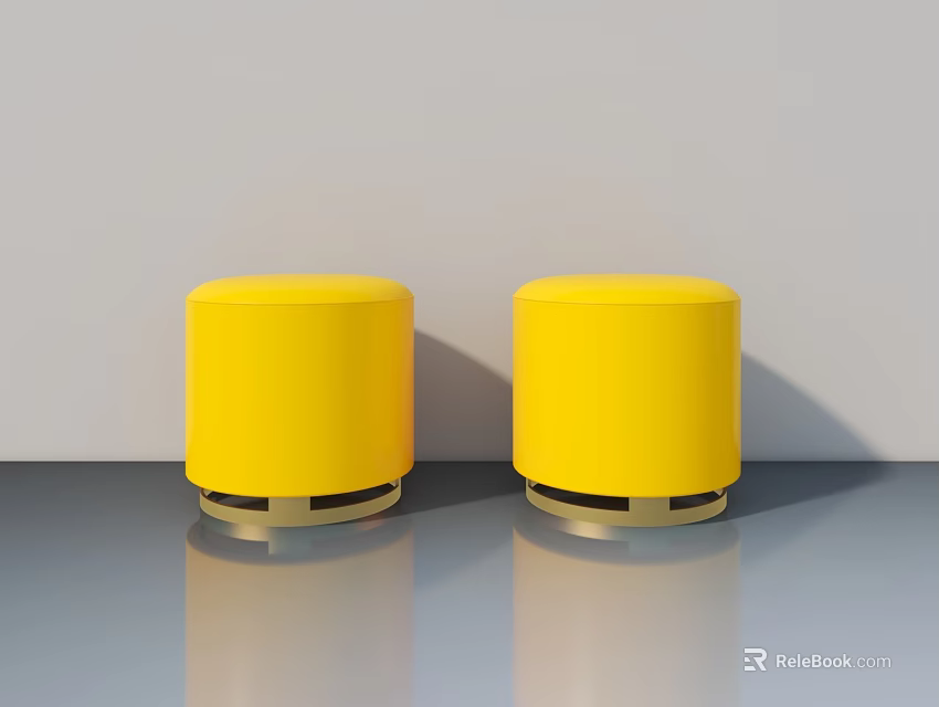 Two Yellow Round Stools With Gold Base On Smooth Floor And White Wall 3d model
