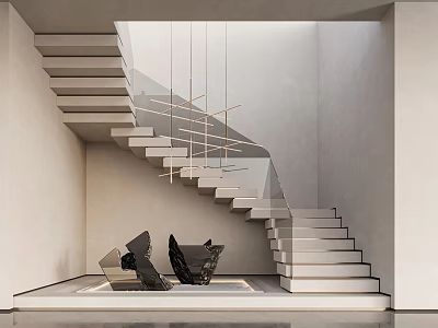 Modern Interior With Spiral Staircase White Walls Black Sculptures And Pendant Lights 3d model